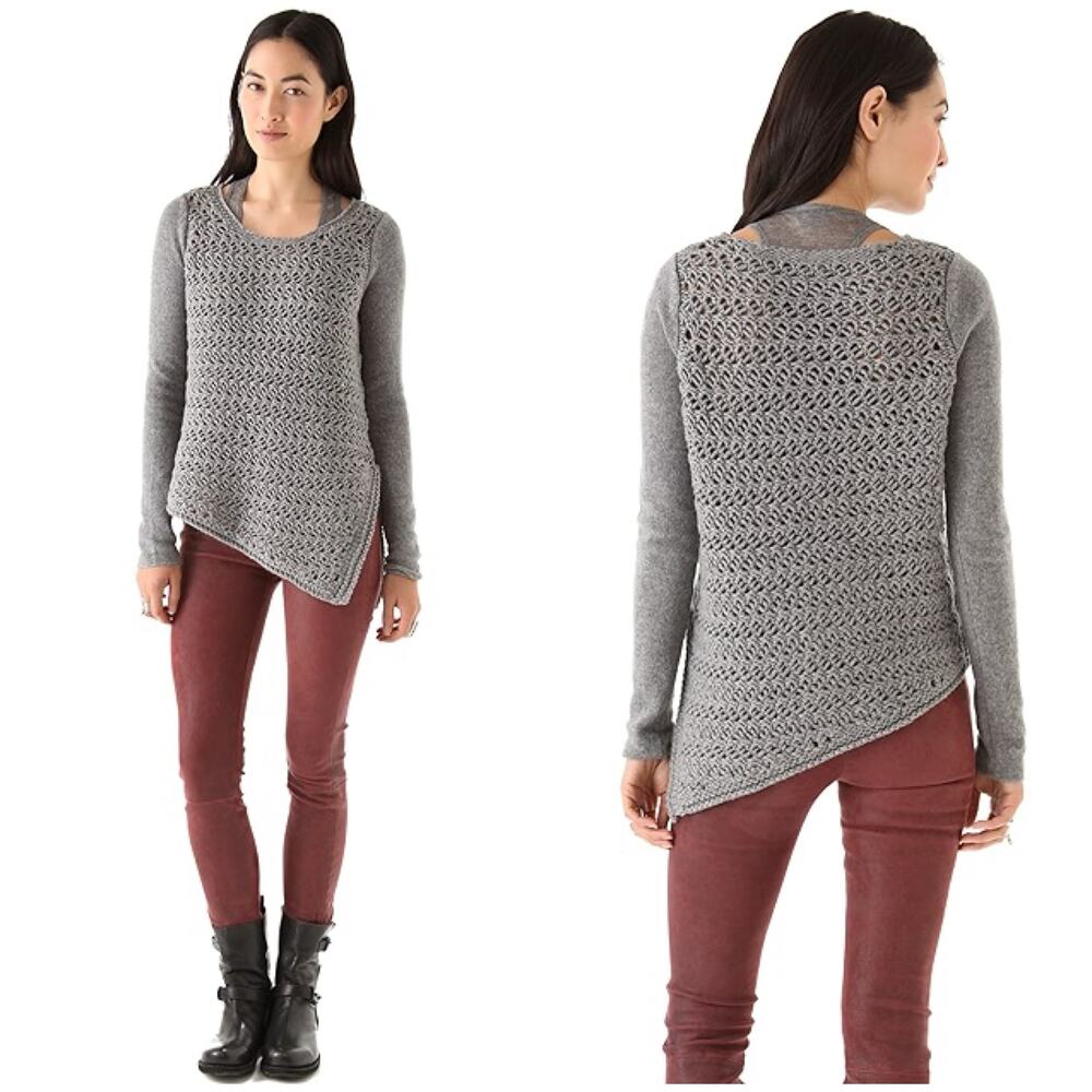 HELMUT LANG Asymmetrical Open Knit Sweater Size Small Gray Wool Cashmere